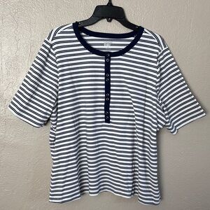 Lands End Women's Elbow Sleeve Striped Polished Rib Henley Top 2X Plus Size